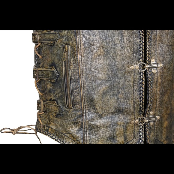 MEN’S MOTORCYCLE CLASSIC SIDE LACES BUCKLED BROWN CONCEALED CARRY LEATHER VEST - Picture 5 of 8